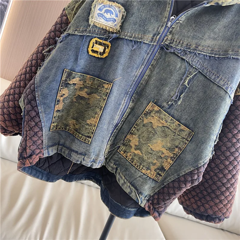 Imagem -05 - Jaqueta Jeans de Peito Único Feminina Roupa de Rua Lavada com Capuz Personalizada Roupa de Algodão Grosso Quente Outono e Inverno Nova