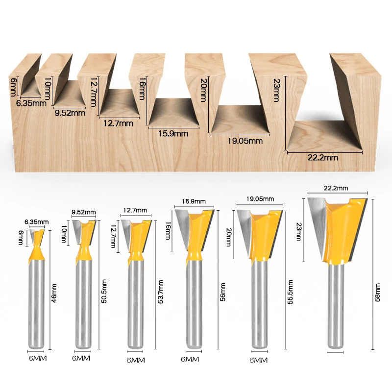 ALLSOME 6 Pcs 6mm Shank Dovetail Joint Router Bits Set Woodworking Engraving Bit Milling Cutter For Carpenter Grooving Tool