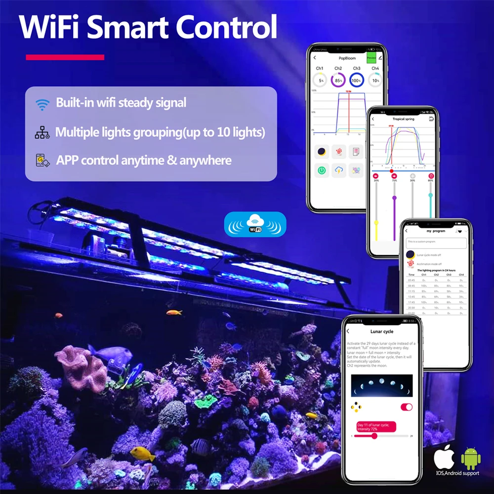مصباح حوض السمك LED قابل للتعتيم من PopBloom Hertz H54 WiFi، تحكم ذكي في التطبيقات، مناسب لخزانات الأسماك مقاس 60-80 سم (مع مجموعة تعليق)