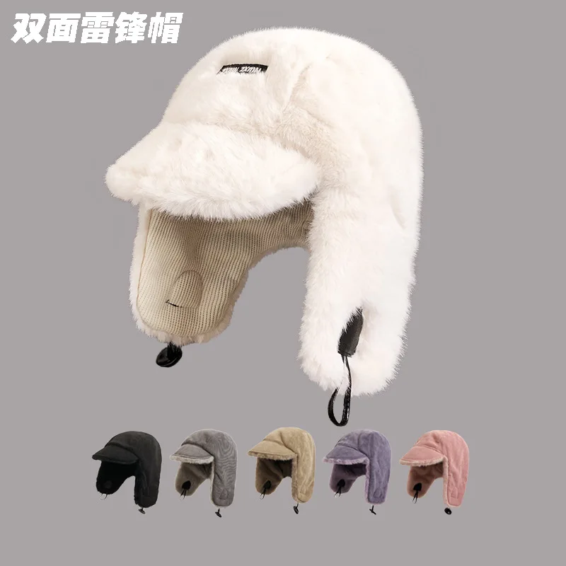 

Japanese Double-sided Corduroy Lei Feng Hat Women Winter Cold Riding Ear Protection Cap Men Warm Plush Skiing Flight Bomber Hats