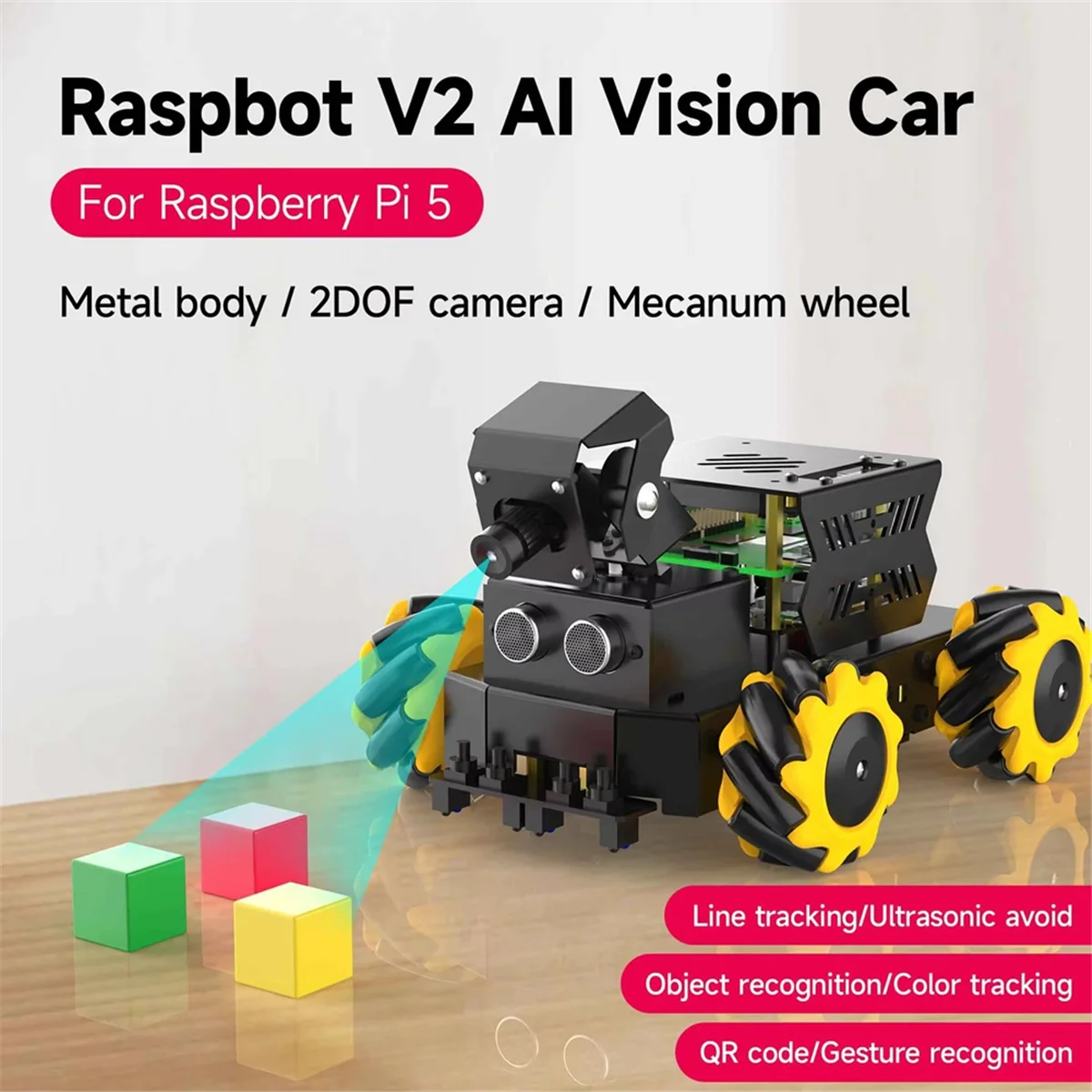 GOB-oFor Raspberry Pi 5 4WD Mecanum หุ่นยนต์รถชุด AI Vision พร้อมกล้อง DIY การศึกษา ROS2-Humble Python ชุด US
