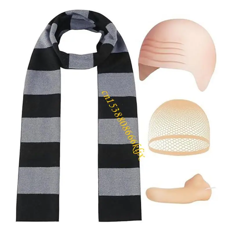 Zestaw łysego do czapki dla kostiumów man Gru Akcesoria Czarne szary w paski szalik fałszywy 066c