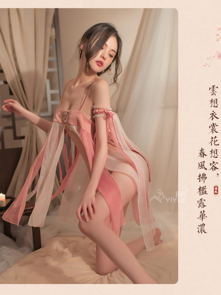 Chinese Ancient Lingerie Hanfu Summer See Through Pajamas Cos Stage Performance Dancer Uniform Sexy Clubwear Chiffon Nightgown