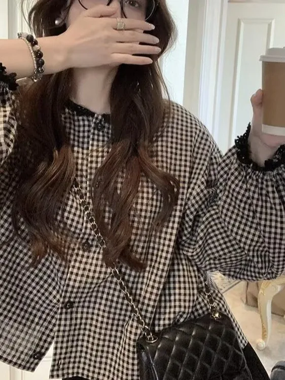 

Spring Autumn 2025 Women's Plaid Bubble Sve irt Lace Trim Splicing Design Loose Fit Long Sve round Ne Polyester Fiber