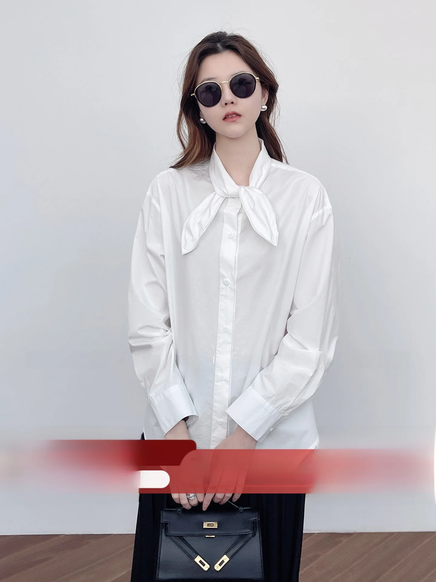 

Korean Fashion Long Sleeve Silk Neck Design Commute Cotton Shirt Women's Spring New Style Loose Fit French Style Pure Cotton