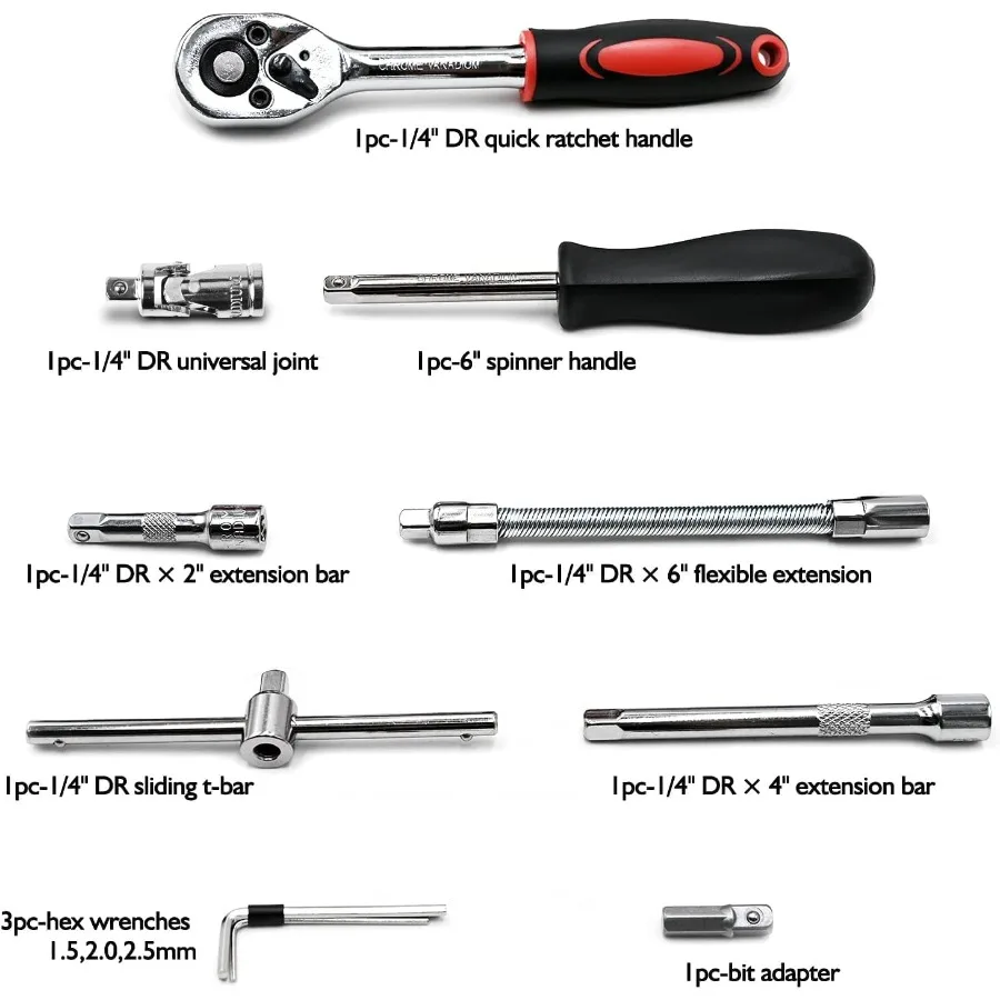 Set di 46 chiavi a cricchetto a bussola da 1/4 pollici con set di bussole per punte in dimensioni metriche e barra di prolunga per riparazioni automobilistiche