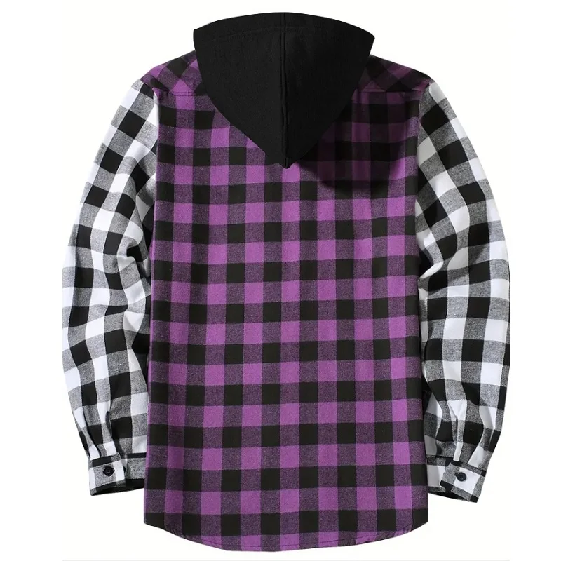 Men Women Color Block Plaid Hooded Patchwork Plaid Shirt Patchwork Plaid Shirts Button Down Long Sleeve Casual Shirts