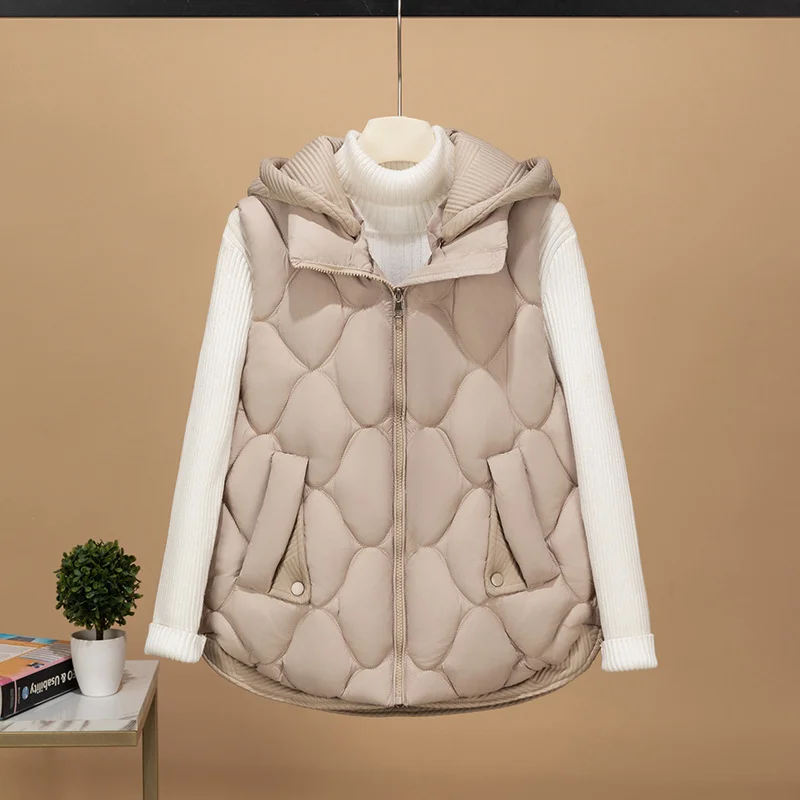 

New Lightweight Warm Vest Cotton Jacket Women's Temperament Splicing Knitted Hat Sleeveless Outwear Korean Versatile Loose Top