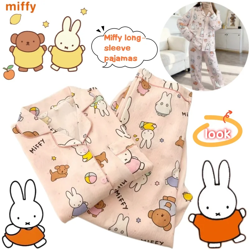 

Новая пижама Miffy с длинным рукавом: яркий мультяшный принт, креативный дизайн, милый девичий стиль, из чистого хлопка, с отложным воротником, для дома и улицы