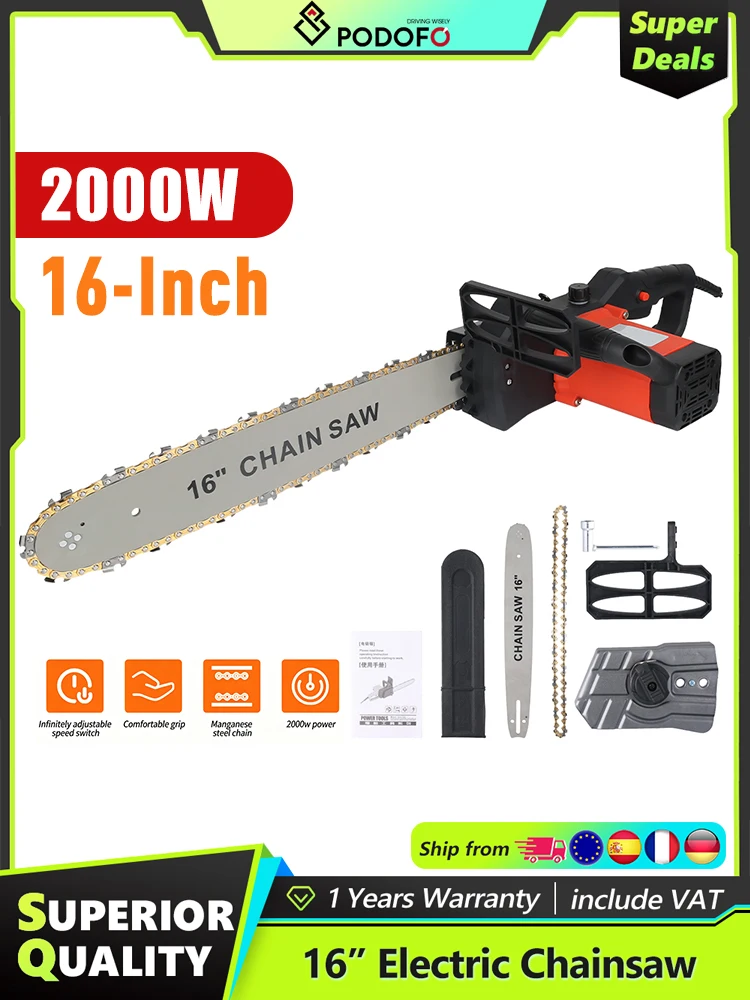 Podofo 2000W 16-Zoll Elektrische Kettensäge mit Kabel, Hochgeschwindigkeits-Großkettensäge mit Drahtmotor, Holzbearbeitungs-Schneidemaschine, Gartenwerkzeug, Astsäge