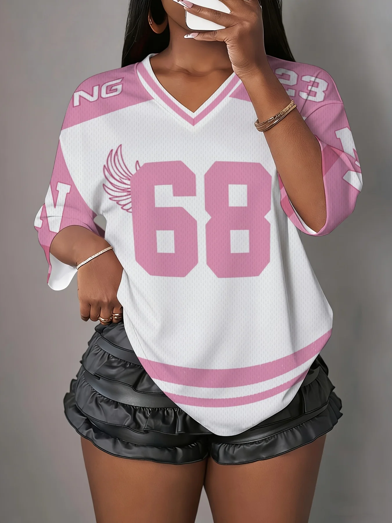 Summer Hot Selling Personalized Print V-neck Y2K Trendy Fashion Pink and White Jersey Women Children Plus Size Sports T-shirt