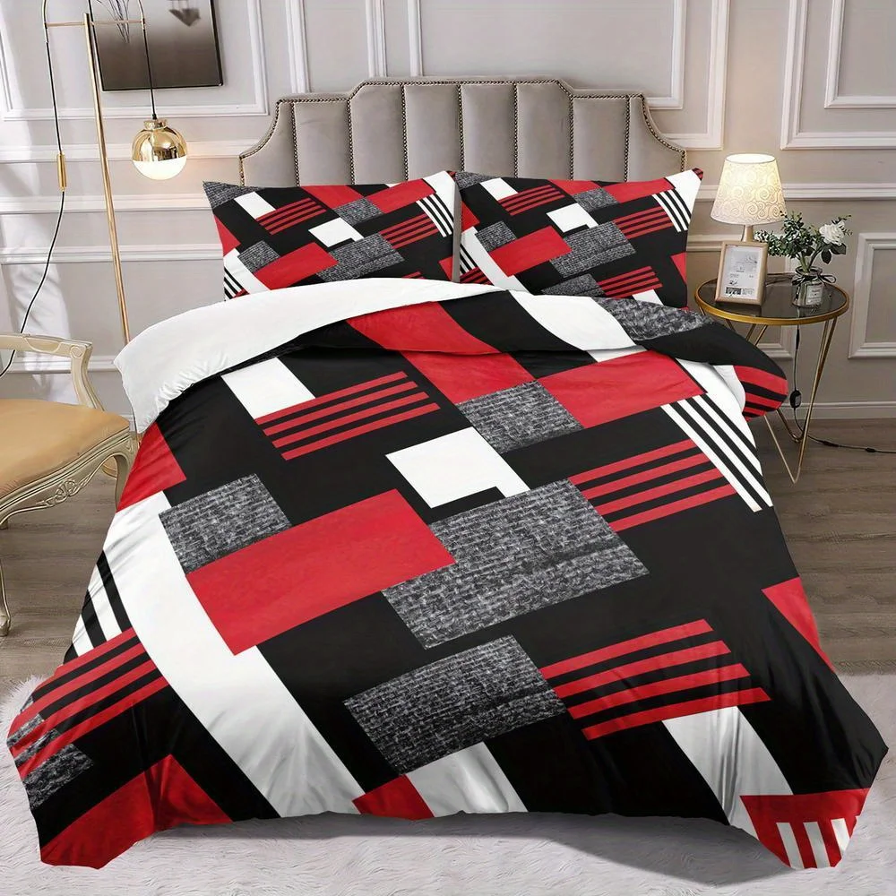 

2/3pcs Geometric Pattern Down Duvet Cover Set - 1 Duvet Cover + 1 or 2 Pillowcases, Fashionable Classic Popular Red Stripe