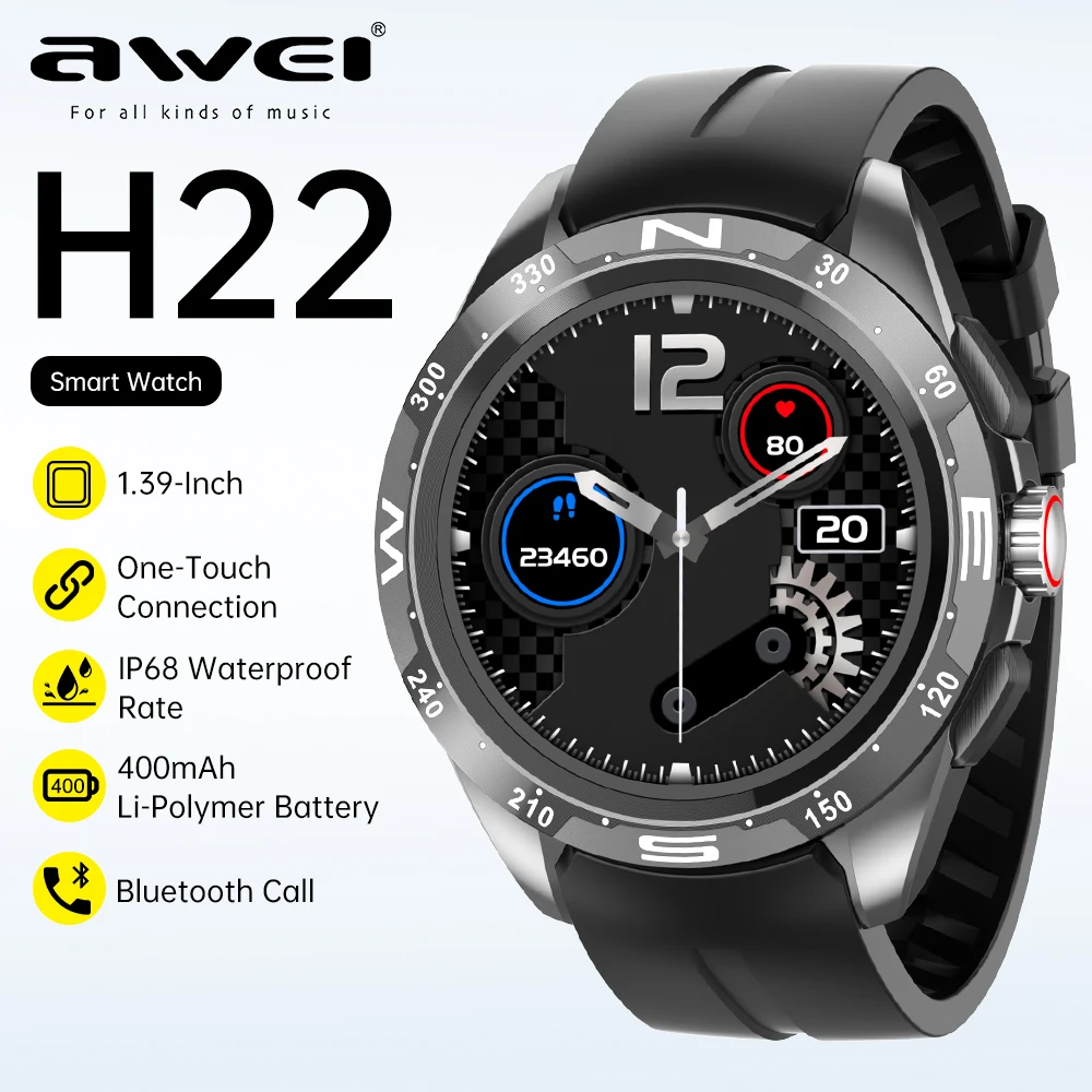 

Смарт-часы Awei H22 для мужчин и женщин, 400 мАч, 1,39 дюйма, 360*360, HD экран