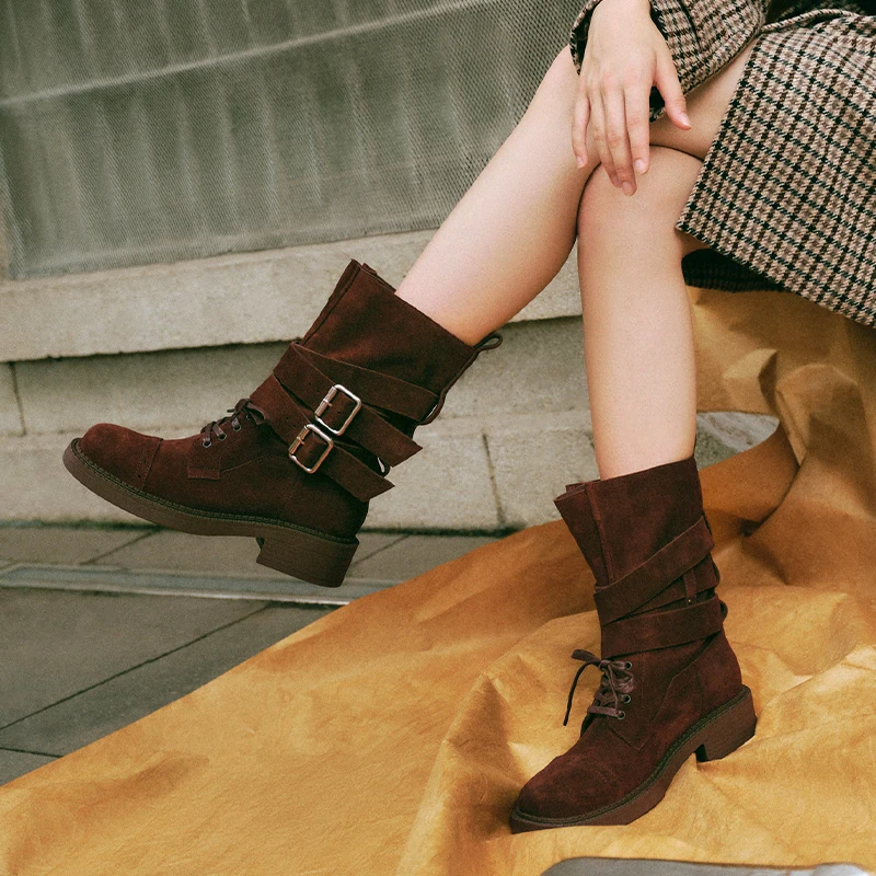 BEAUTODAY Mid-Calf Boots Women Cow Suede Leather Round Toe Double Buckle Strap Vintage Knight Boots Ladies Shoes Handmade 02272