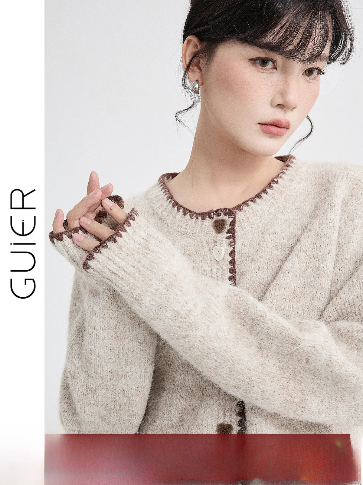 

Guier Embroidered Knitted Sweater Cardigan Women's Spring 2026 round Neck Heart Button Retro Top Casual Loose Fit Long Sleeve