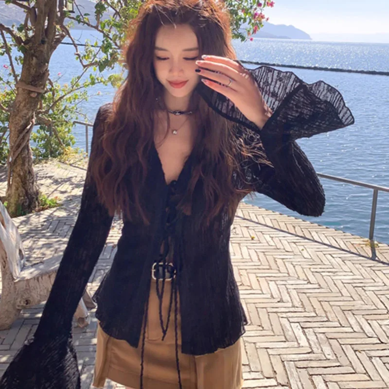 Europese en Amerikaanse jacquard holle hoorn mouw afslankend vest met lange mouwen dames micro transparante zonnebrandkleding