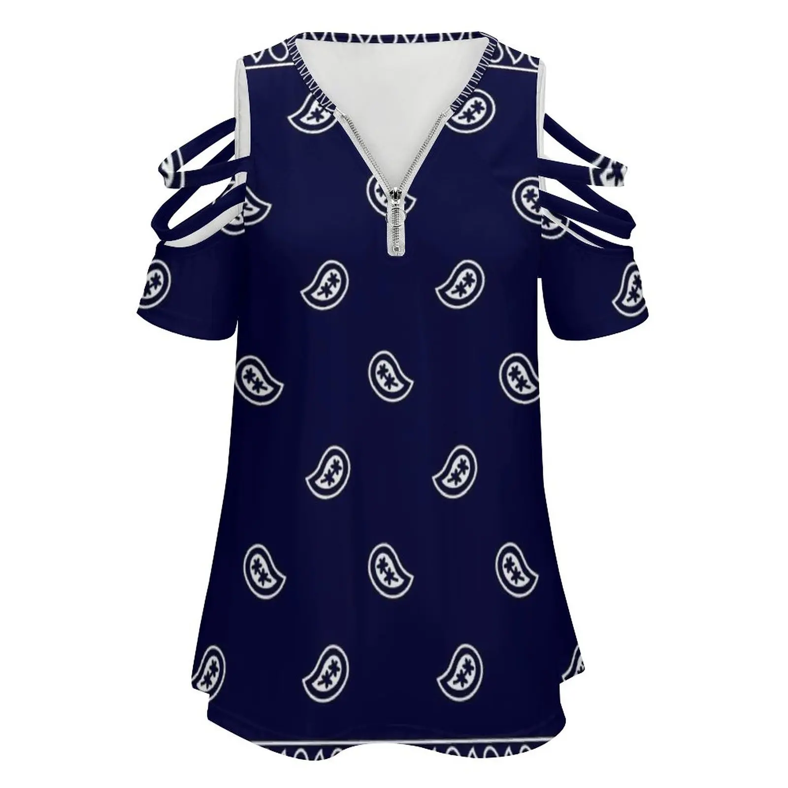 Bandana-Navy Blue New Fashion Zip Off Shoulder Top Short-Sleeve Women Shirt Bandana Blue Navy Blue Southwest Southwestern