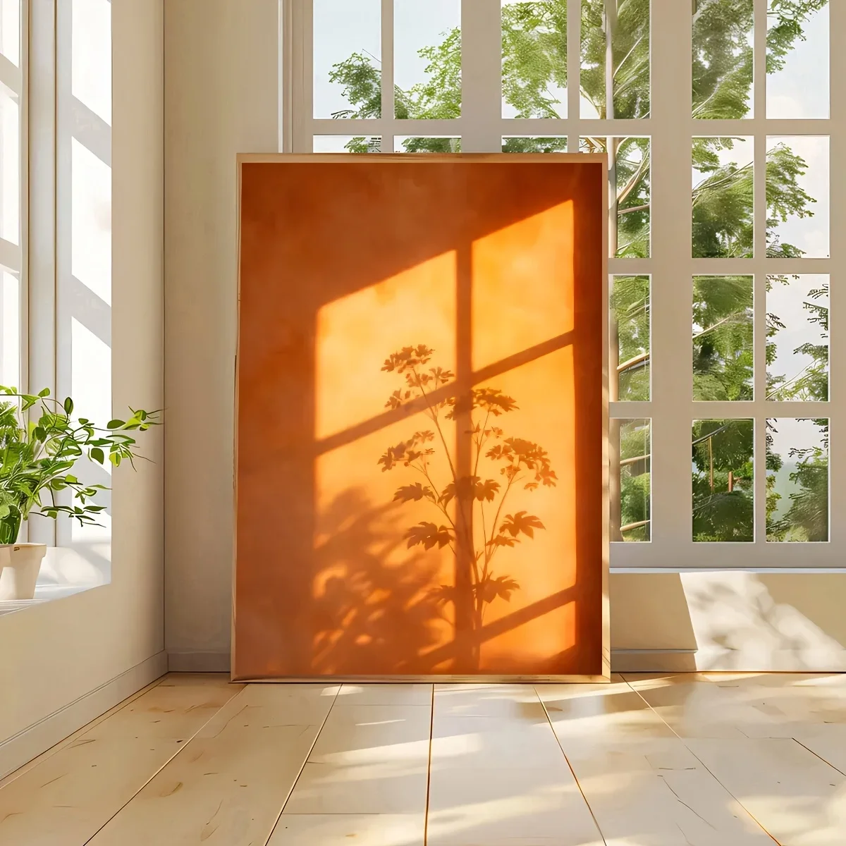 Multiple sizes 1pc frameless Canvas Painting,Abstract Sunlight Through Window Shadow Plant Canvas Wall Art Painting Unframed Yel