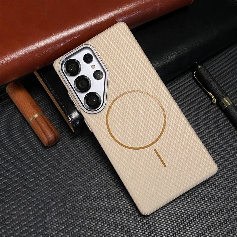 

For Samsung Galaxy S25 S24 Ultra Plus Ultra-Thin Carbon Fiber Texture Magsafe Phone Case Wireless Charging Alloy Lens Hard Cover