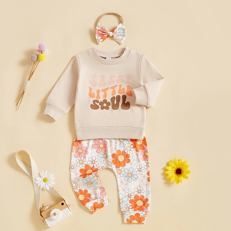 

Baby Girl Winter Outfits Floral Print Hooded Jacket Long Sleeve T-shirt Elastic Waist Pants Headband 4Pcs Clothing Set for