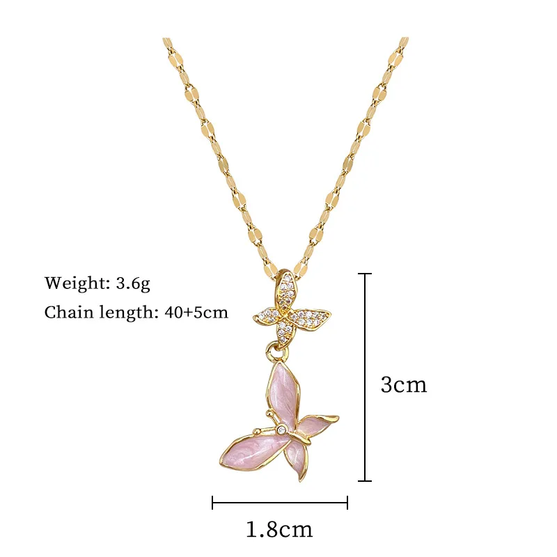 316L Stainless Steell Pink Oil Drip Butterfly Zircon Pendant Necklac For Women Fashion Trend Neck Jewelry Holiday Gift