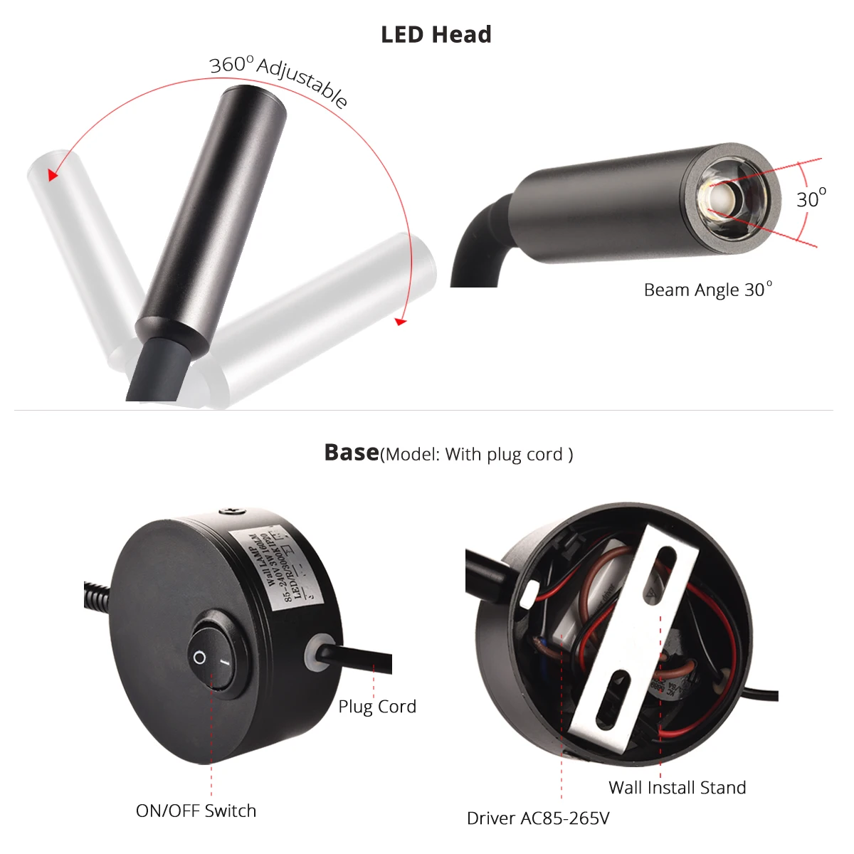 2 pezzi lampada da parete a LED 3W per studio sul comodino lampada da lettura lampada da parete nera argento bianca cavo spina ue usa