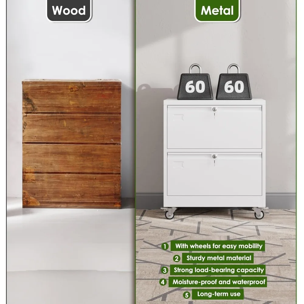 Lockable Metal Lateral File Cabinet with Wheels for Home Office - Legal/Letter Size, White, Storage Solution