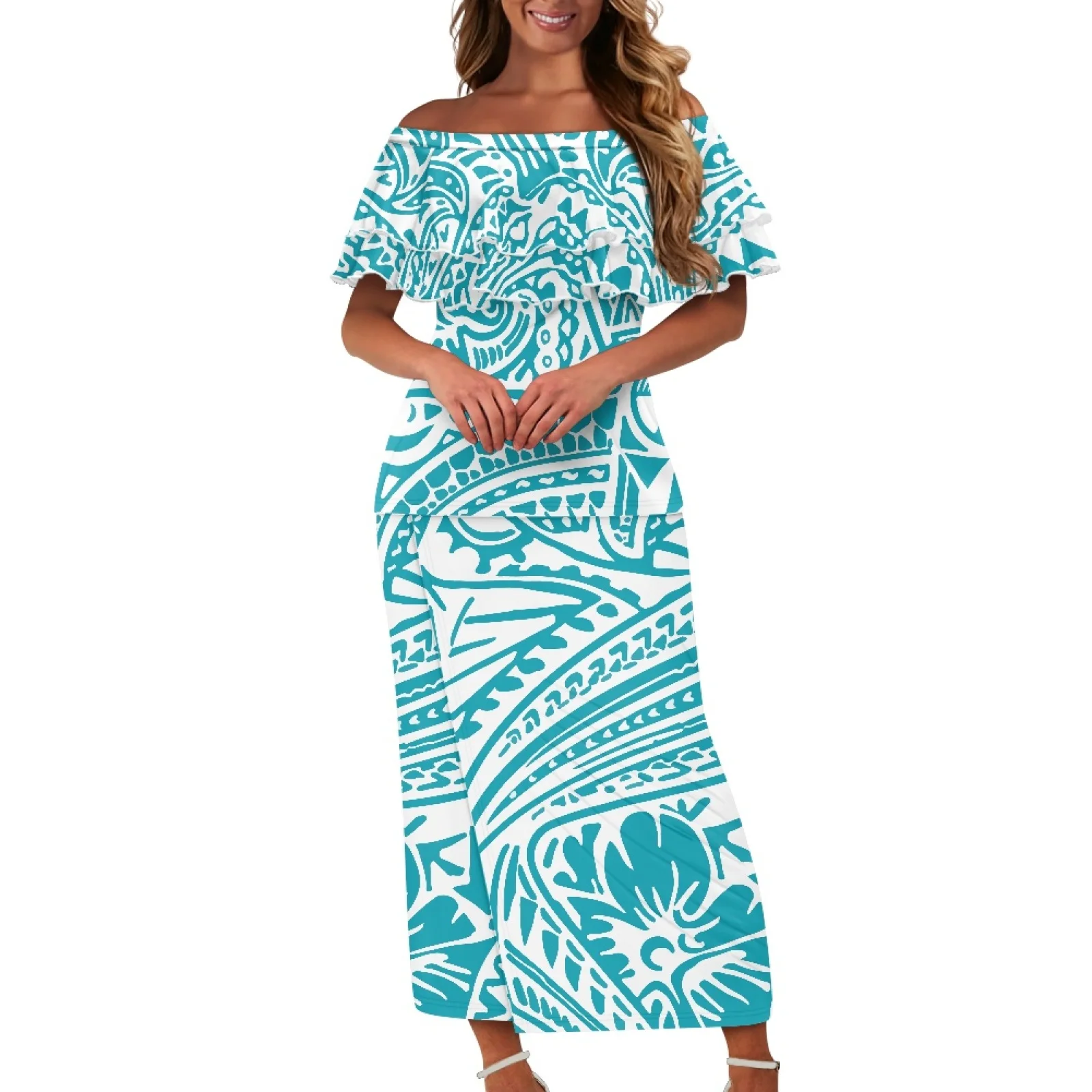

Polynesian Tribal Tongan Totem Tattoo Print Summer Short Sleeve Ruffled Collar Neck Office Sexy Dresses, Two Pieces Set Dresses