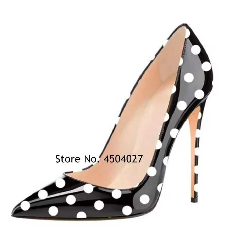 Black/White Polka Dots Patent Leather High Heels 12cm 10cm 8cm Stiletto Pointy Toe Classy Slip-on Shallow Pumps