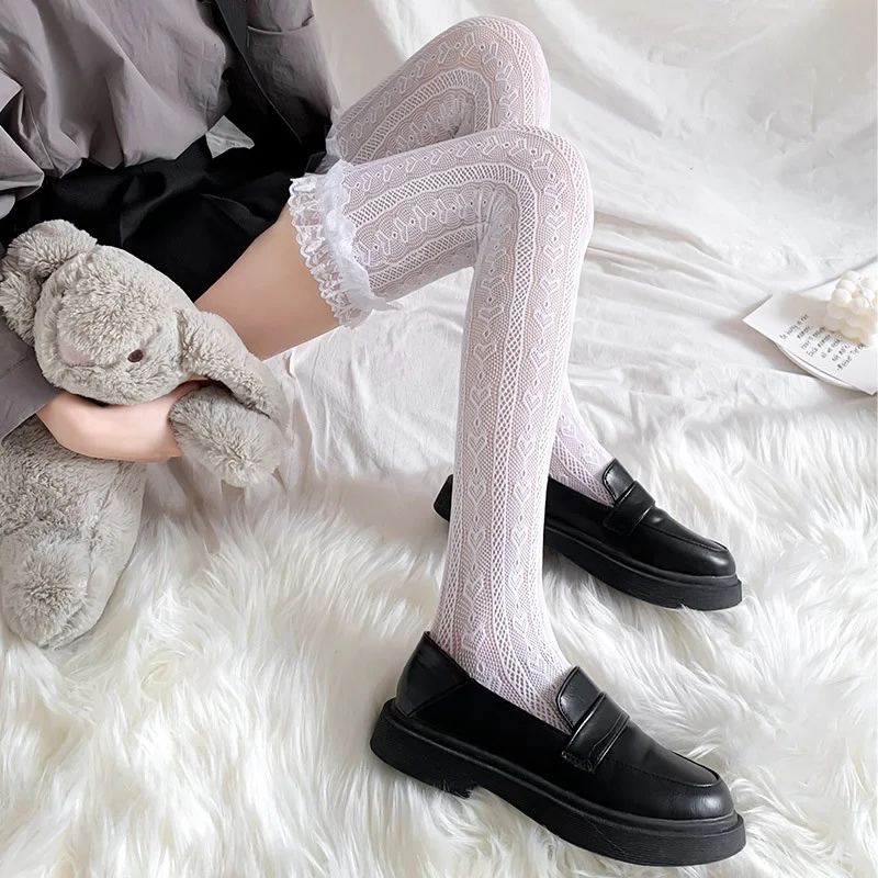 

1 Pair Women Lolita Style Stockings Lace Stockings Over Knee High JK Girls Cute Kawaii Cos Knee High Black White Stockings