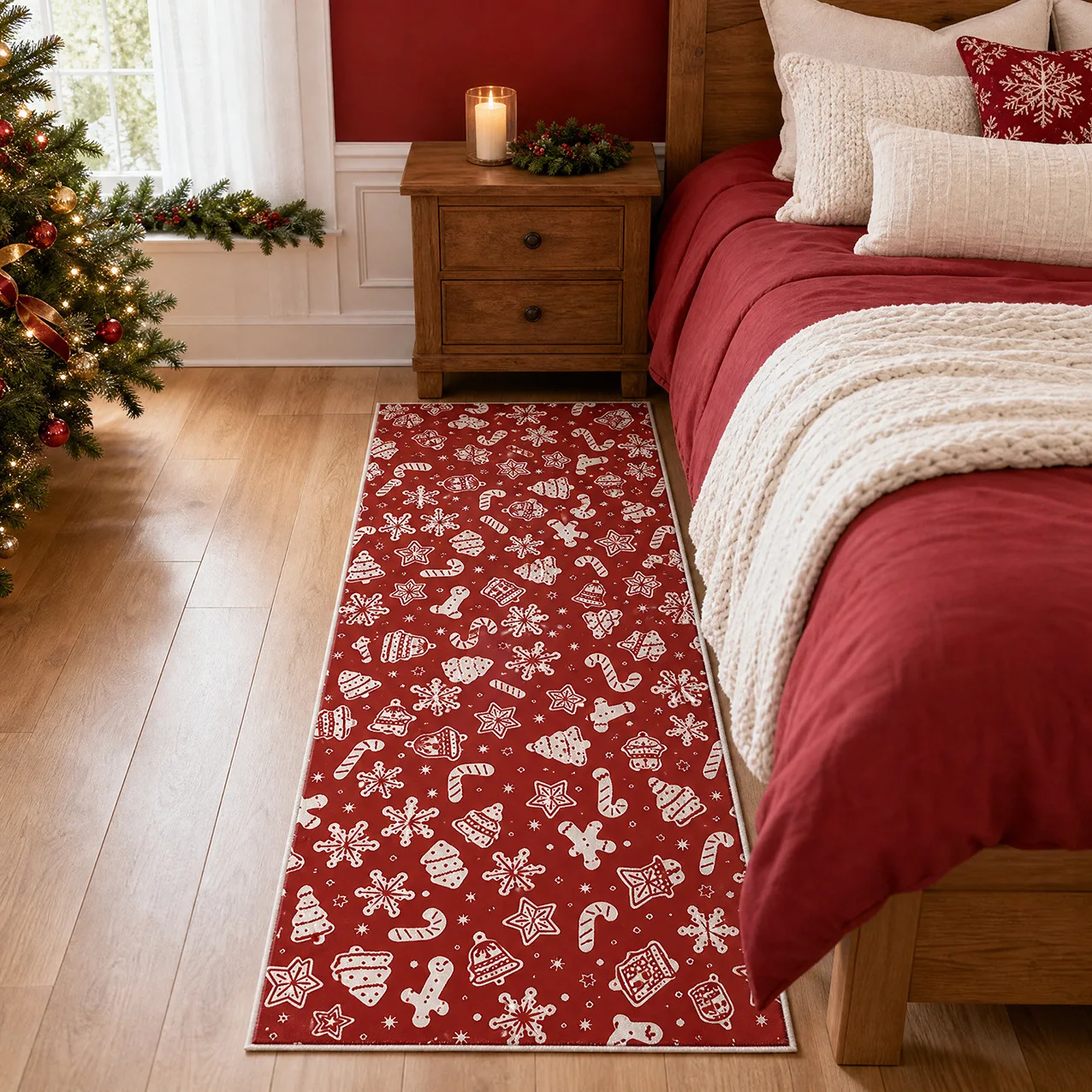 VIKAMA Red White Candy Cane Gingerbread Bell Hallway Runner Rug, Non Slip Soft Absorbent Mat for Bedroom Kitchen Xmas Decor