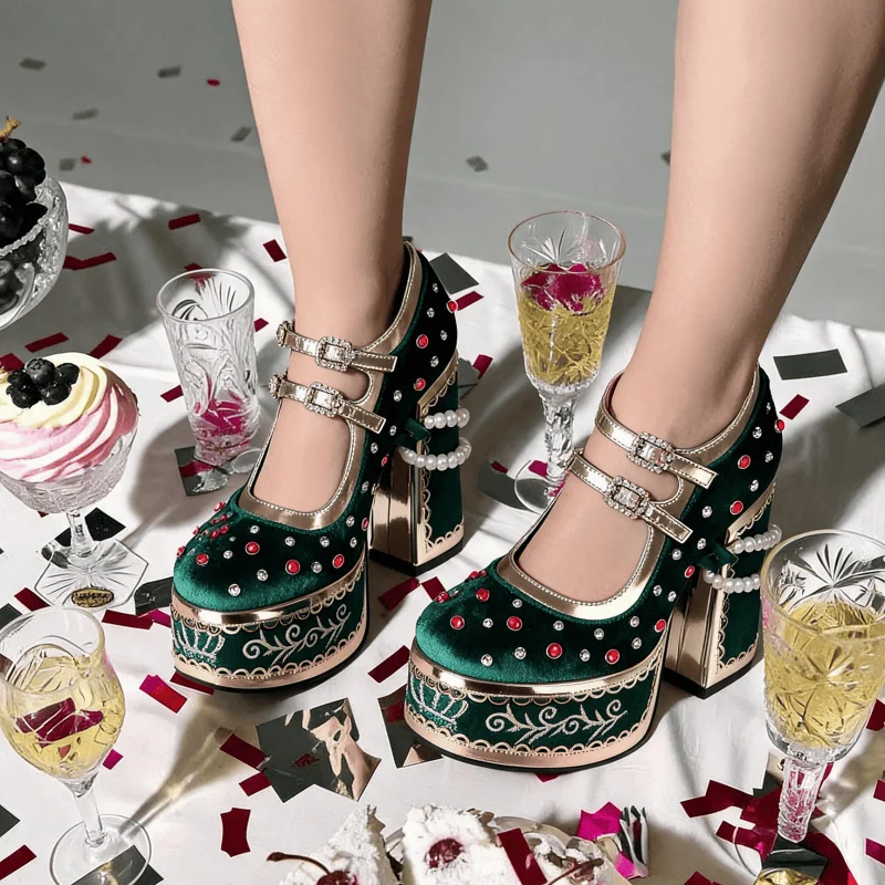 Women’s Vintage Green Velvet Platform Mary Jane Heels, Double Rhinestone Buckle Straps Round Toe Chunky Block Heel Pumps with Pearl Decor