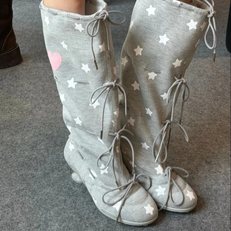 Korean Style Star Tie Long Boots Women's Round Head Low Heel Fashion Boots Summer New High Tube Booties Elastic Fabric