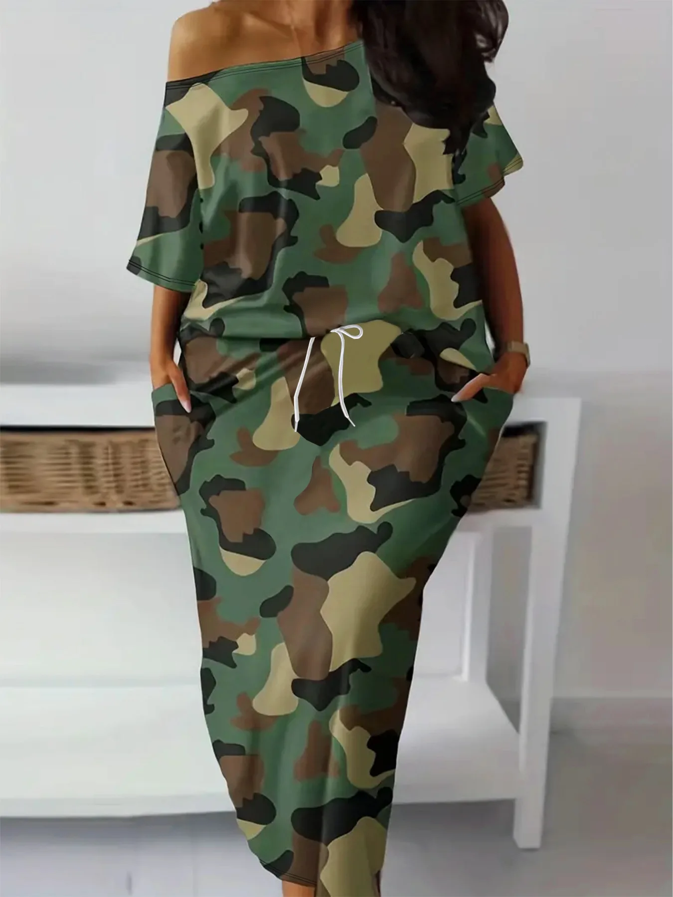 TW424 Summer European and American clothing camouflage T-shirt short-sleeved loose skirt suit Amazon cross-border special supply source