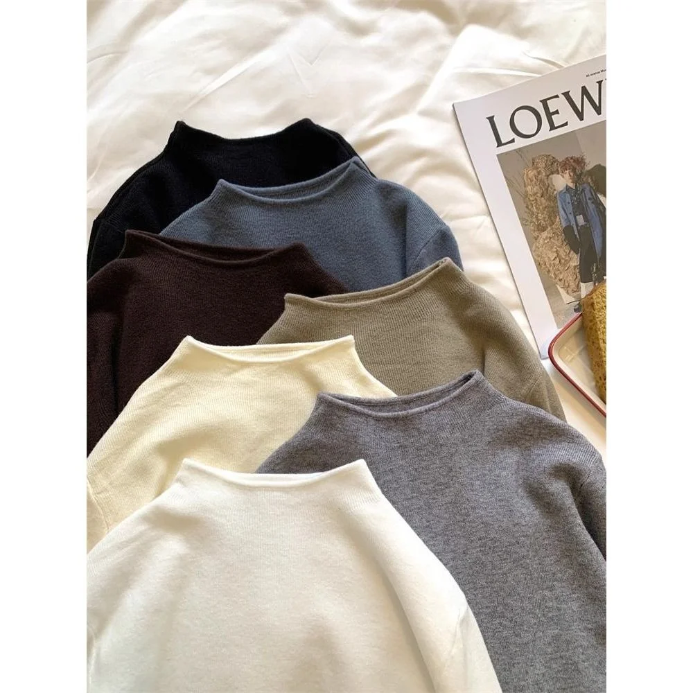 

Slim Fit High Ne Knitted Sweater Women's Inner Wear Autumn Winter Warm Sli Top Pure Color Commute Sle Long Sve