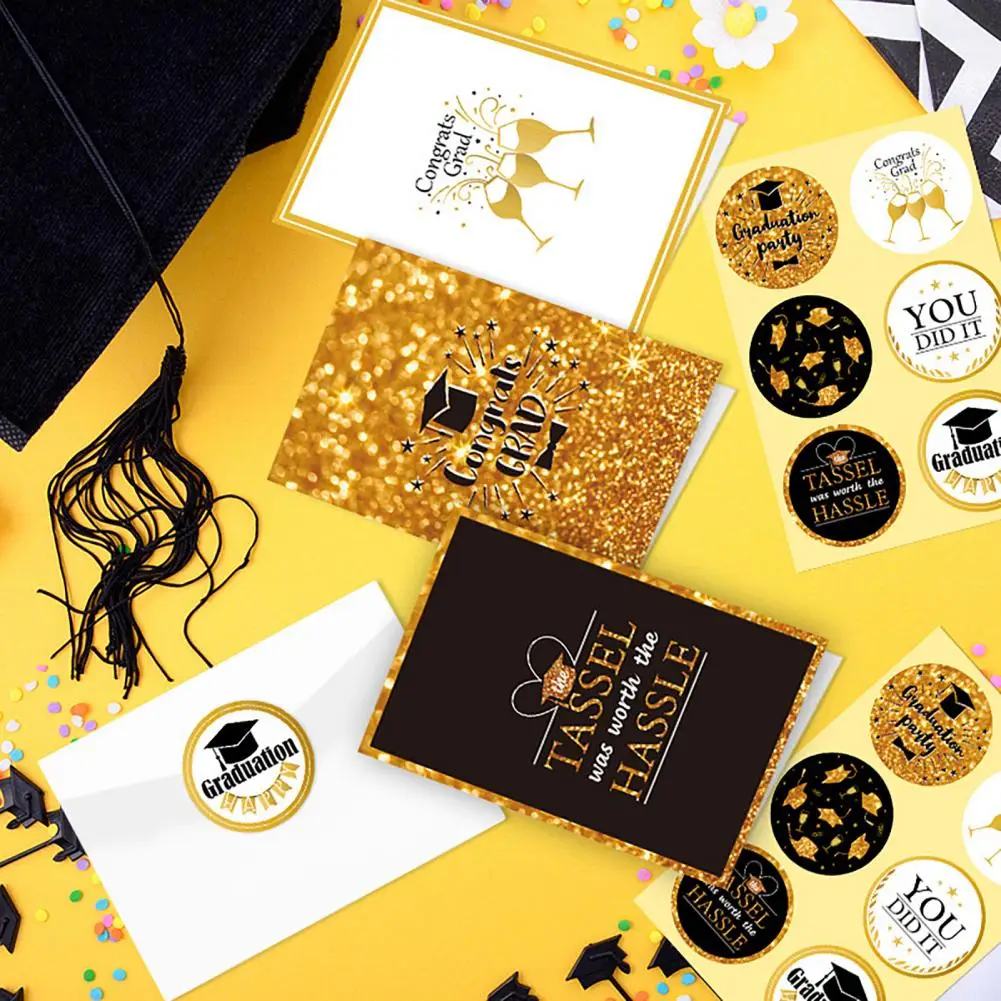 

6Pcs 2024 Graduation Cards with Envelopes Glitter Golden Foil Printing Greeting Cards Graduation Cap Themed Cards Party Supplies