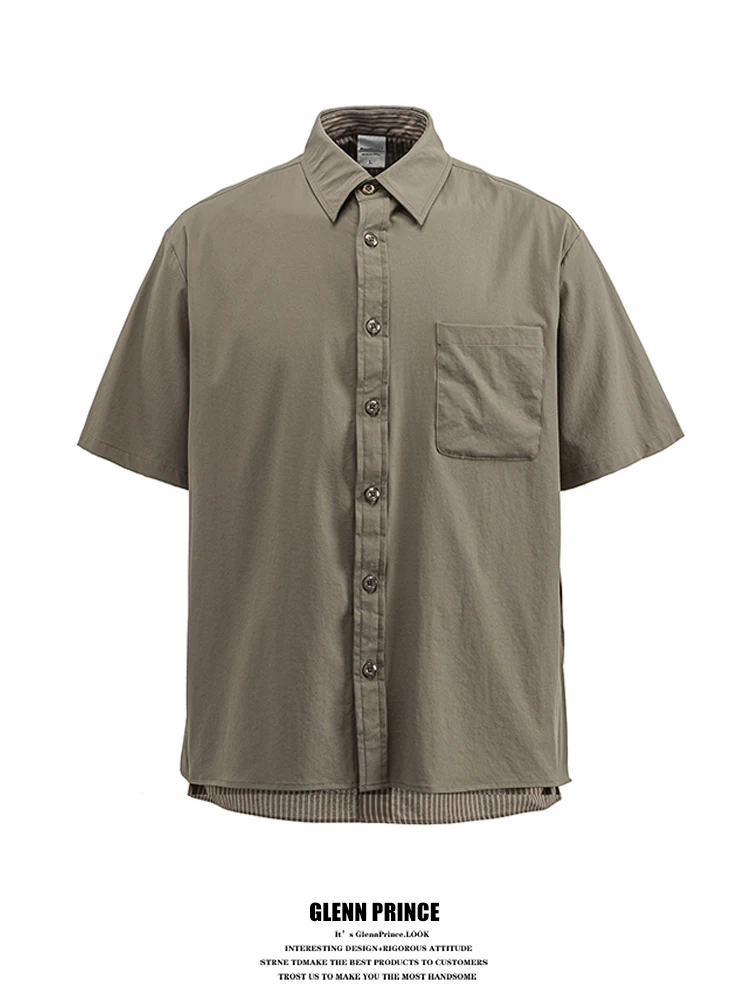 

GPstudio American Retro Striped Short Sleeve Casual Shirt Men Summer High Sensation Commuting Shirt False Two-Piece Loose Fit