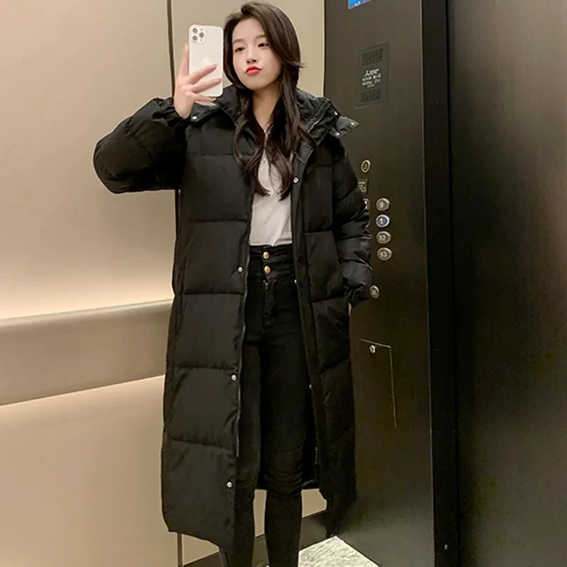 Fashion Long Down Cotton Jacket Women's Outerwear Winter Hooded Windproof Black Parkas Student Loose Casual Snow Overcoat Female