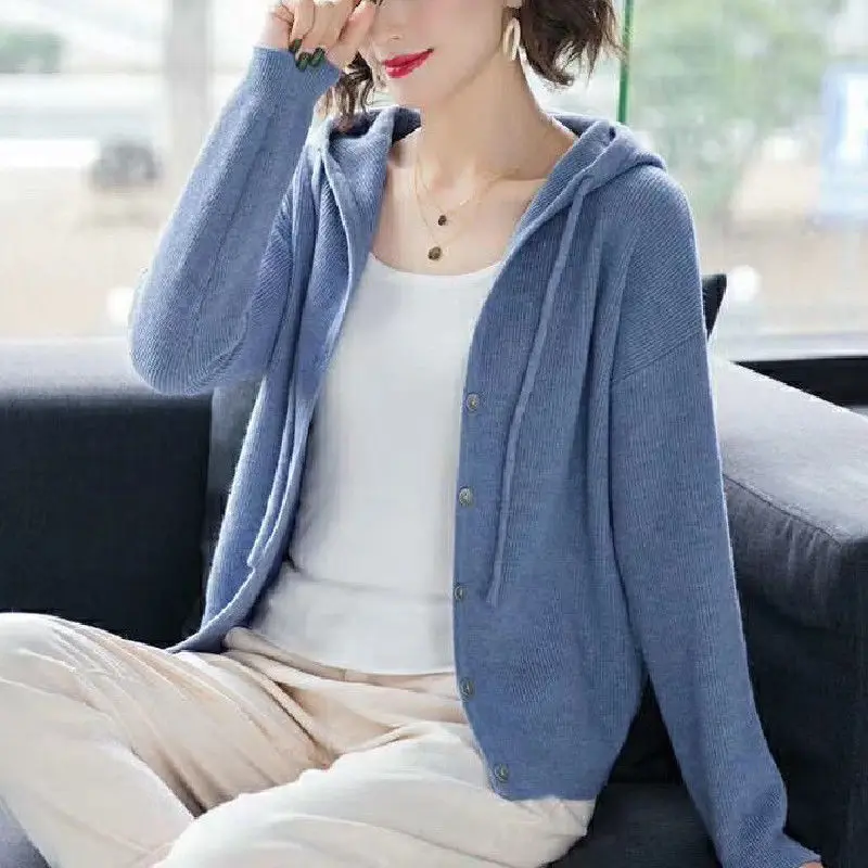 Casual Fashion Hooded All-match Knitted Cardigan Sweaters Women\'s Clothing 2022 Autumn New Solid Color Button Loose Korean Tops