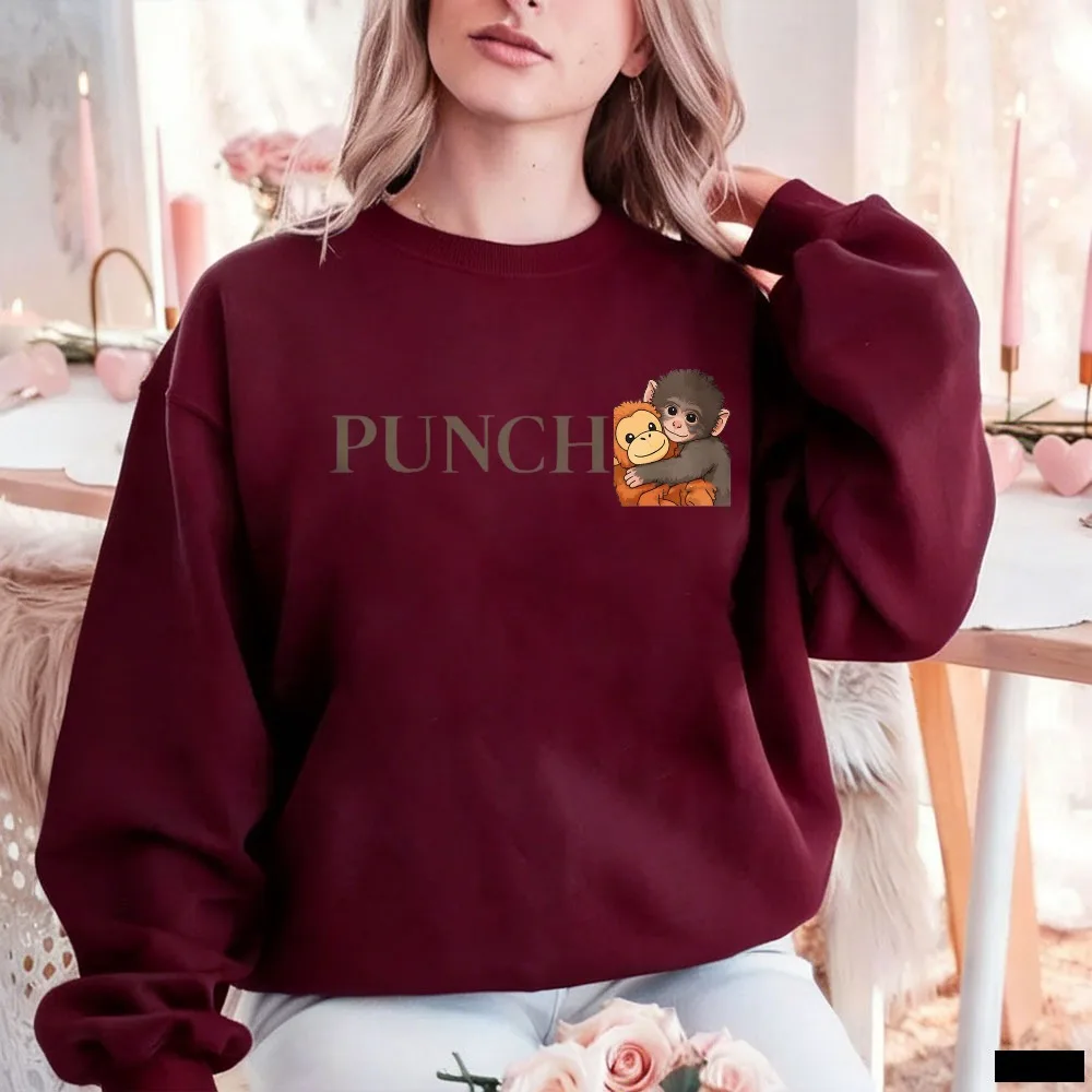 

Minimalist Subtle Small Monkey Hugging Plush Muted PUNCH Text Sweatshirt Trendy Casual Simple Warm Intimate Retro Inspired