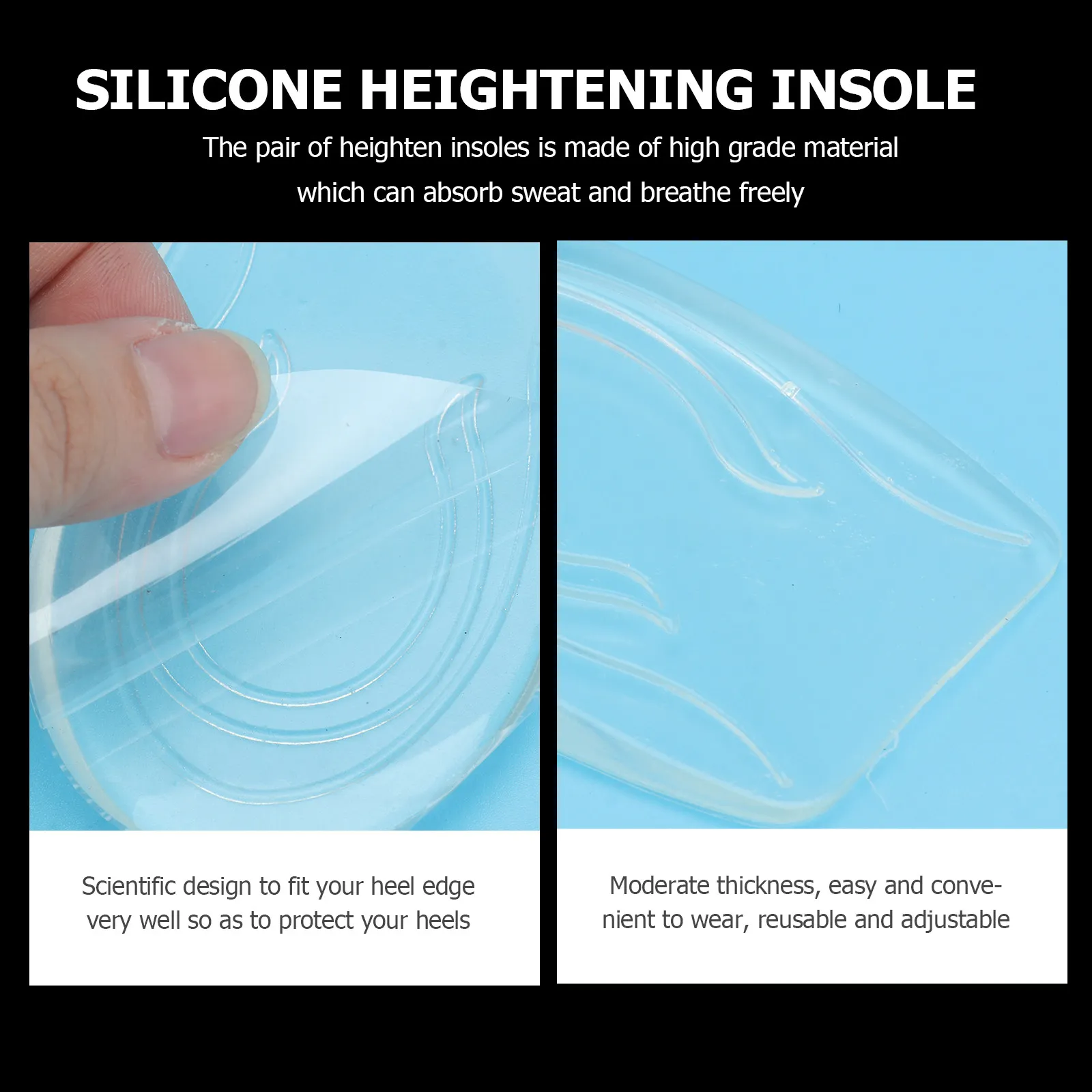 2Pairs Inner Height Insoles Transparent Silicone Heel Cushion Breathable Sweat Absorbing Invisible Height Increase Pad Shock