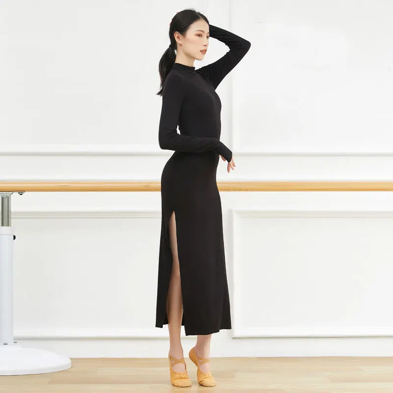 Sexy Side Slit Slim Dance Dress Slim Knitted Long Dress Ballroom Waltz Practice Latin Dance Wear for Women Modern Costumes