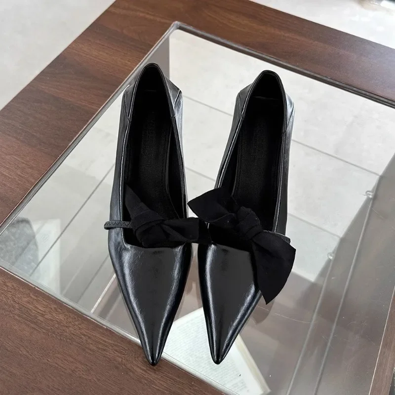 

Women Red Leather High Heeled Fashion Bow Knot Pointed Toe Pumps Shoes 2025 Elegant Office Slingback High Heeled Sandals Shallow