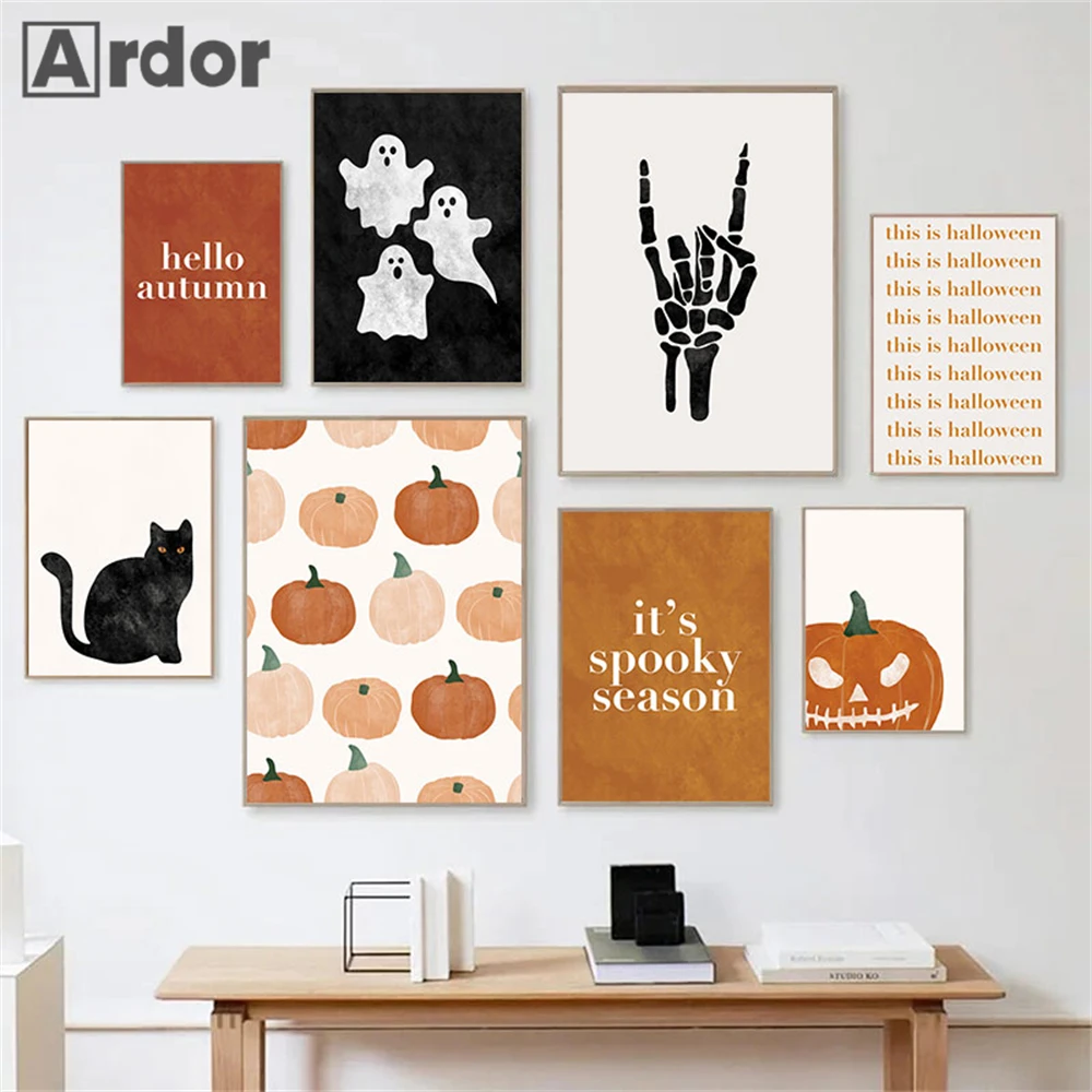 Hello Halloween Black Cat Skeleton Ghost Canvas Painting Pumpkin Wall Art Print Nordic Poster Wall Pictures Kids Room Decoration
