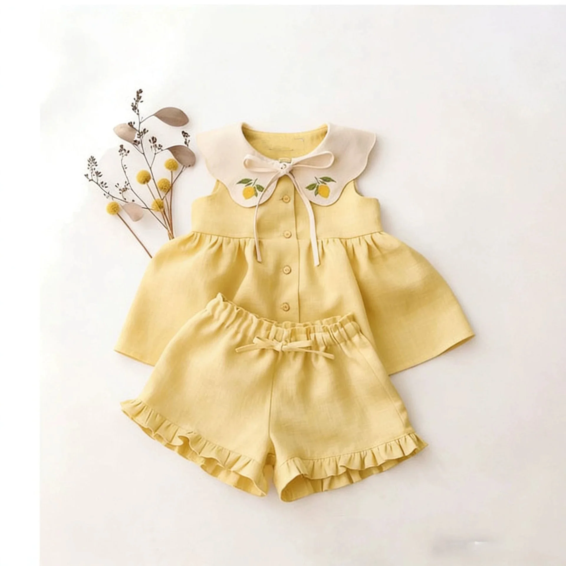 2026 Summer New Girls Baby Set Sleeveless Tank Top Embroidered Collar Top Ruffle Shorts Two Piece Set