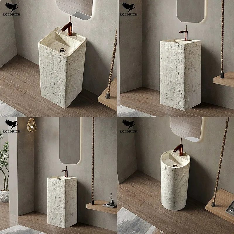 Marble Travertine Beige White Floor Standing Pedestal Basin Hotel Villa Engineering Washbasin Sink