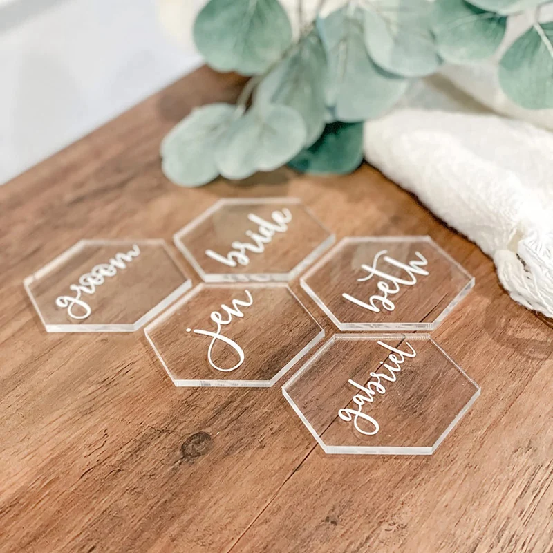 40Pcs Clear Acrylic Hexagon Blank Place Cards Cut Sheet Place Plain Tiles Wedding Decoration For Table Number Name