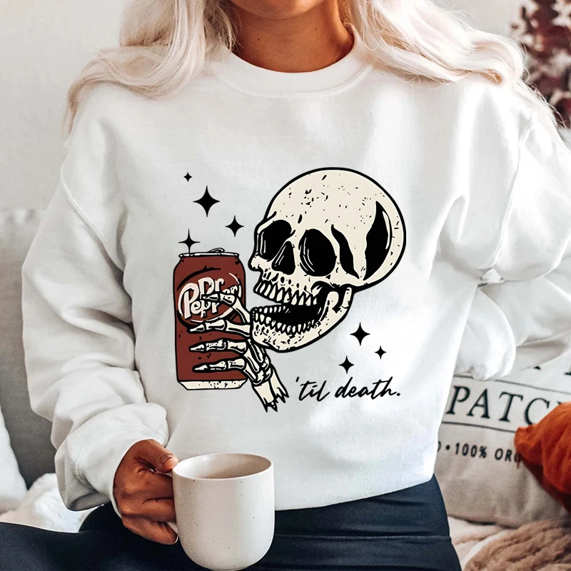 Skull Print Sweatshirt, Halloween Sweatshirts, Long Sleeve Crew Neck Casual Pullovers For Fall & Winter, Women\'s Plus Clothing