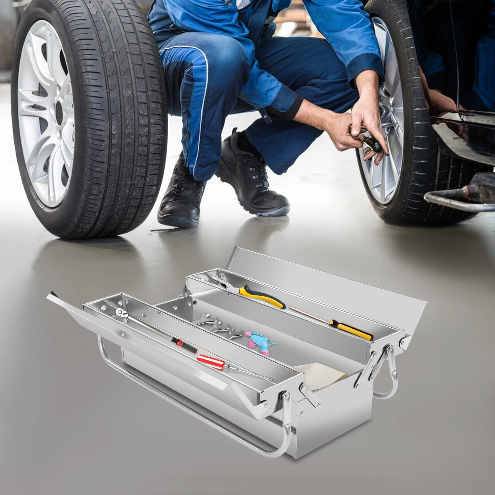 53x20cm Two-tier Multi-Function Tool Organizer Tool Storage Box Folding Tool Box Stainless Steel Tool Storage Box