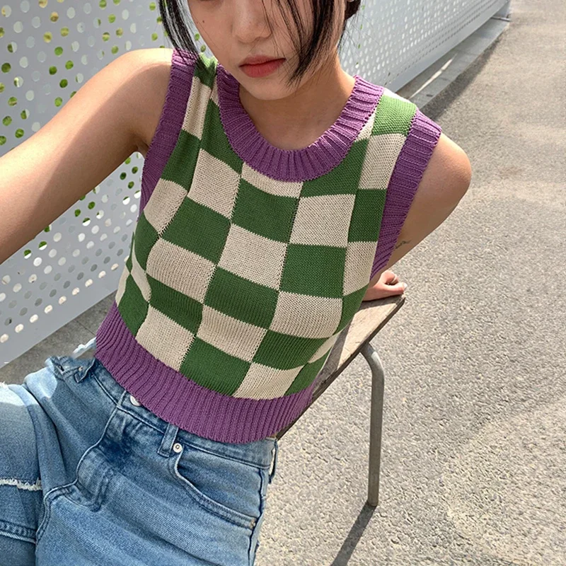 Checkerboard Knit Tank Top for Women Contrast Color Crew Neck Sleeveless Crop Sweater Vest Teengirl 90s Y2K Spring Summer Outfit